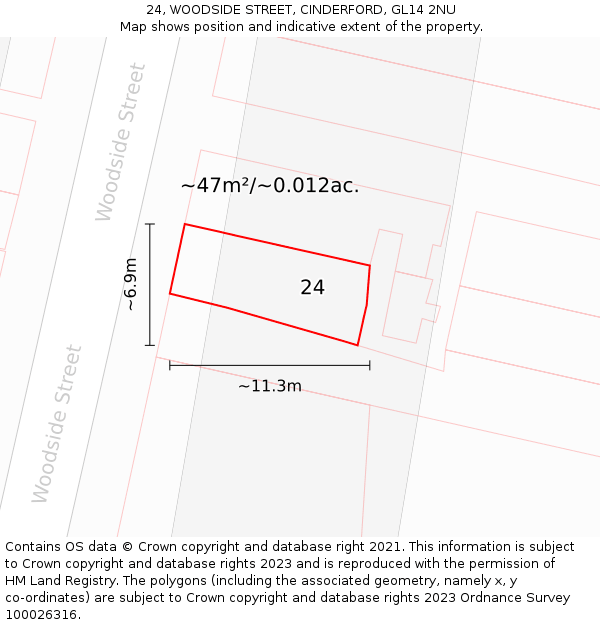 24, WOODSIDE STREET, CINDERFORD, GL14 2NU: Plot and title map