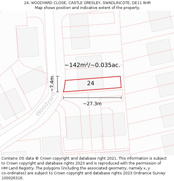 24, WOODYARD CLOSE, CASTLE GRESLEY, SWADLINCOTE, DE11 9HR: Plot and title map