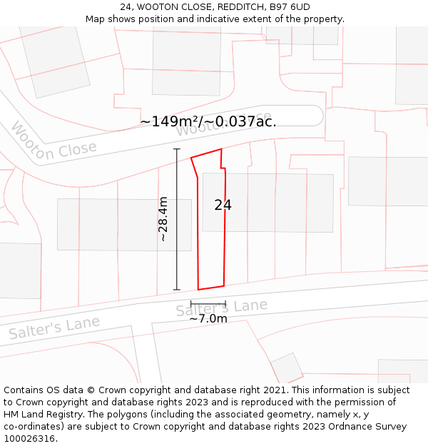 24, WOOTON CLOSE, REDDITCH, B97 6UD: Plot and title map