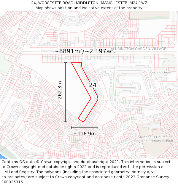 24, WORCESTER ROAD, MIDDLETON, MANCHESTER, M24 1WZ: Plot and title map