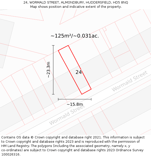 24, WORMALD STREET, ALMONDBURY, HUDDERSFIELD, HD5 8NQ: Plot and title map