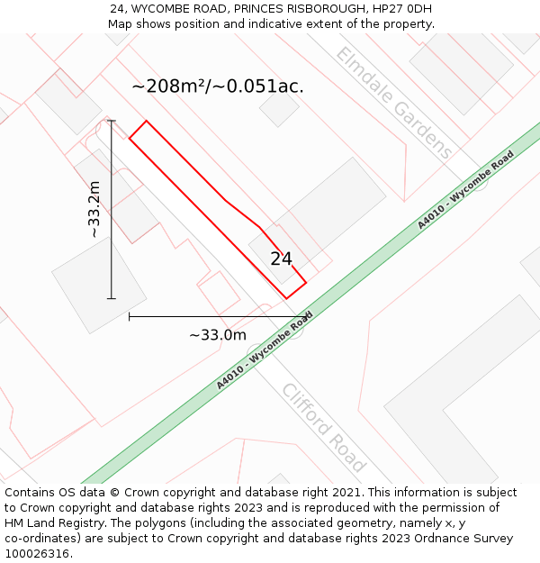 24, WYCOMBE ROAD, PRINCES RISBOROUGH, HP27 0DH: Plot and title map