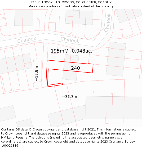 240, CHINOOK, HIGHWOODS, COLCHESTER, CO4 9UX: Plot and title map