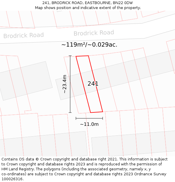 241, BRODRICK ROAD, EASTBOURNE, BN22 0DW: Plot and title map