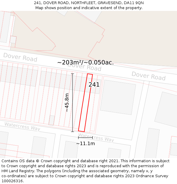 241, DOVER ROAD, NORTHFLEET, GRAVESEND, DA11 9QN: Plot and title map
