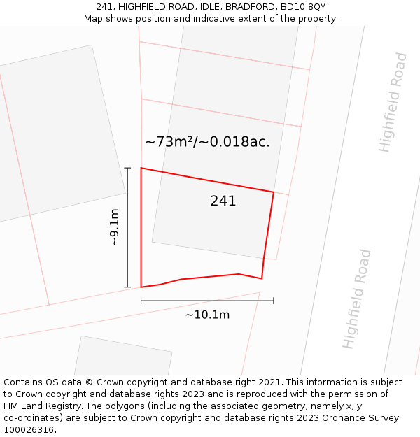 241, HIGHFIELD ROAD, IDLE, BRADFORD, BD10 8QY: Plot and title map