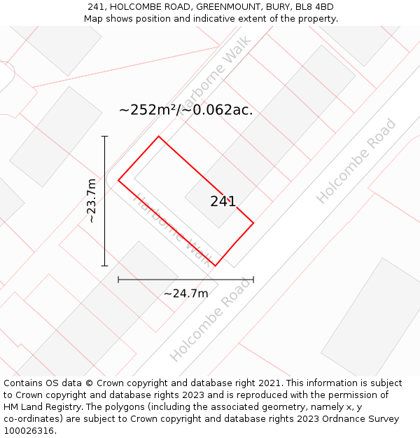 241, HOLCOMBE ROAD, GREENMOUNT, BURY, BL8 4BD: Plot and title map