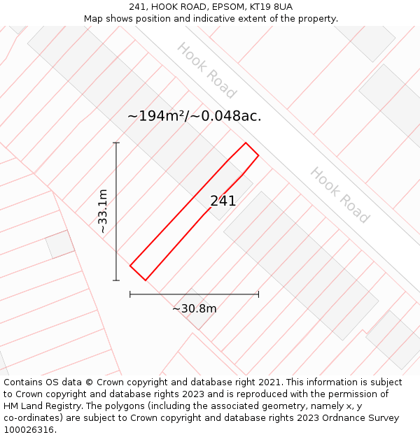 241, HOOK ROAD, EPSOM, KT19 8UA: Plot and title map