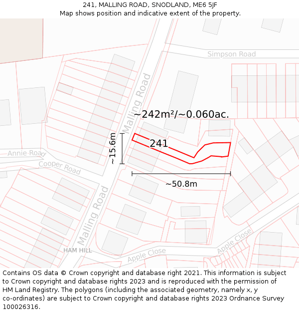 241, MALLING ROAD, SNODLAND, ME6 5JF: Plot and title map