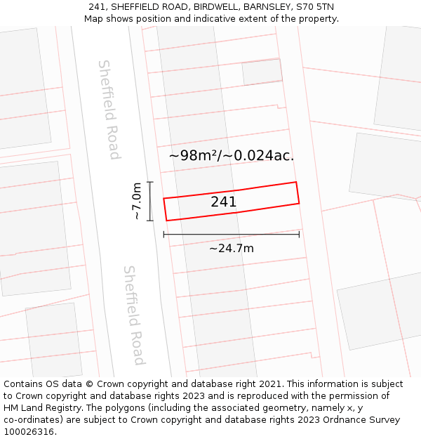 241, SHEFFIELD ROAD, BIRDWELL, BARNSLEY, S70 5TN: Plot and title map