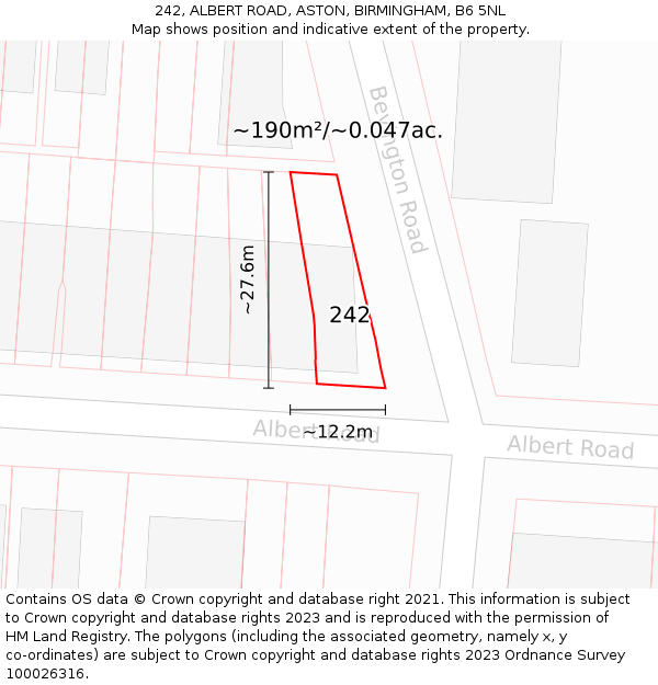 242, ALBERT ROAD, ASTON, BIRMINGHAM, B6 5NL: Plot and title map