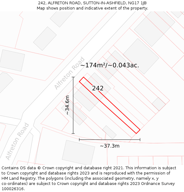 242, ALFRETON ROAD, SUTTON-IN-ASHFIELD, NG17 1JB: Plot and title map