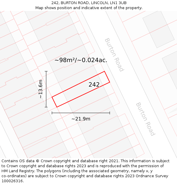 242, BURTON ROAD, LINCOLN, LN1 3UB: Plot and title map
