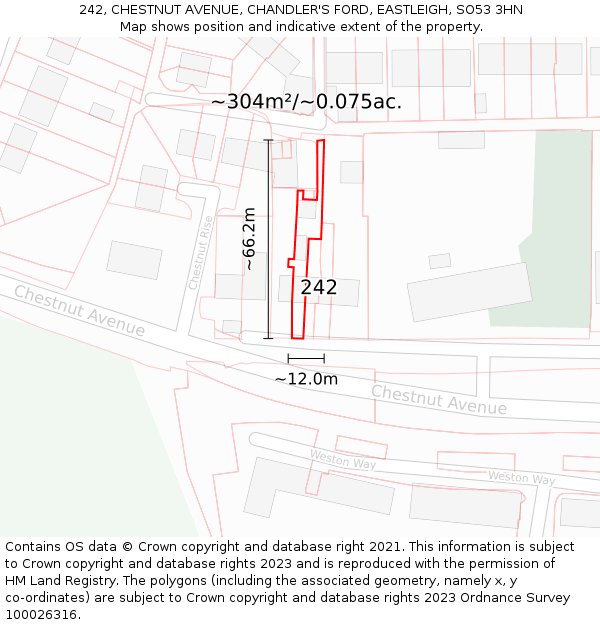 242, CHESTNUT AVENUE, CHANDLER'S FORD, EASTLEIGH, SO53 3HN: Plot and title map