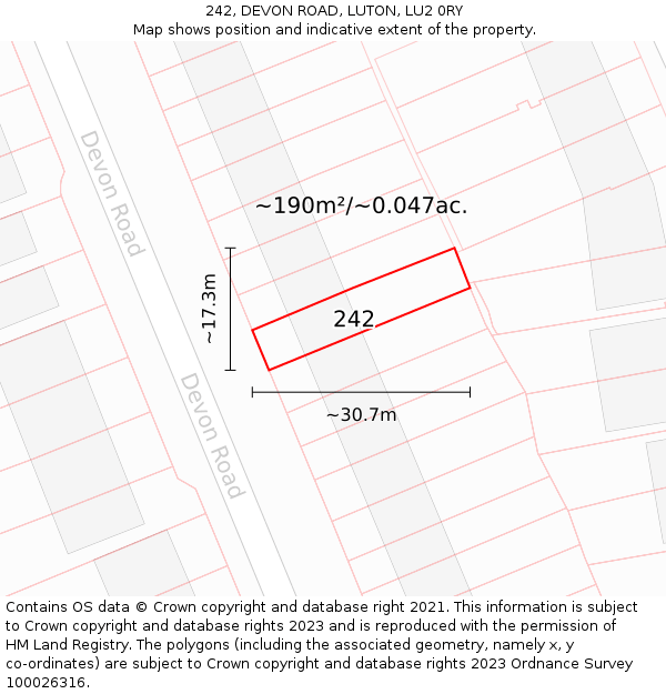 242, DEVON ROAD, LUTON, LU2 0RY: Plot and title map