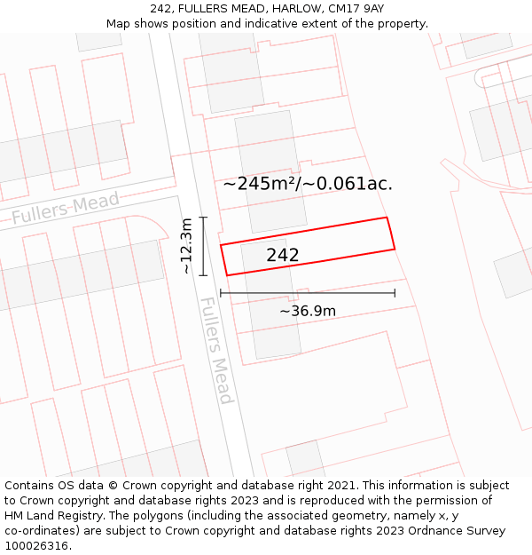 242, FULLERS MEAD, HARLOW, CM17 9AY: Plot and title map