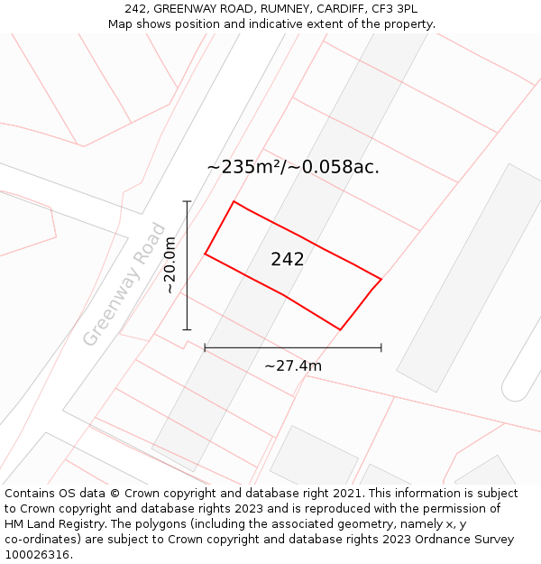 242, GREENWAY ROAD, RUMNEY, CARDIFF, CF3 3PL: Plot and title map