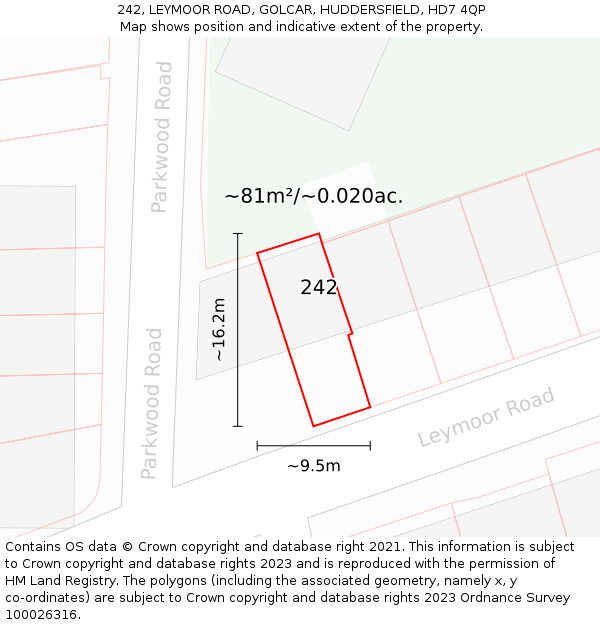 242, LEYMOOR ROAD, GOLCAR, HUDDERSFIELD, HD7 4QP: Plot and title map