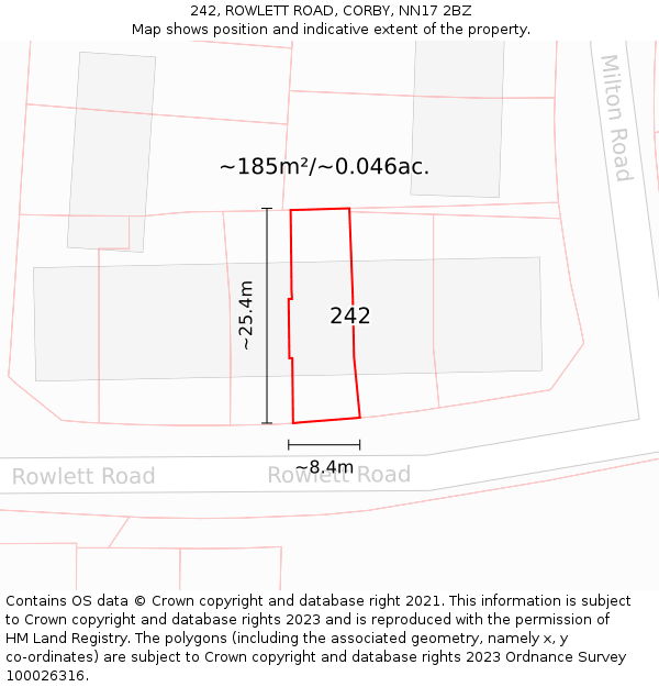 242, ROWLETT ROAD, CORBY, NN17 2BZ: Plot and title map