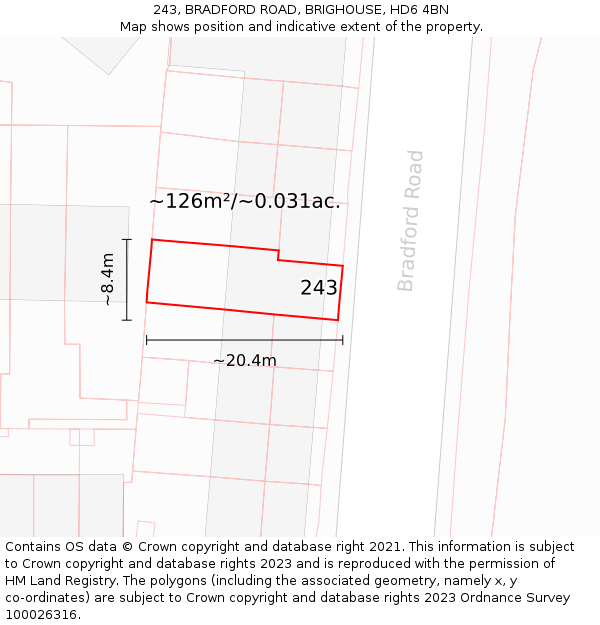 243, BRADFORD ROAD, BRIGHOUSE, HD6 4BN: Plot and title map