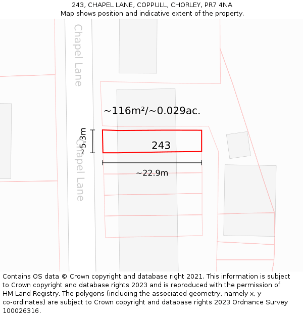 243, CHAPEL LANE, COPPULL, CHORLEY, PR7 4NA: Plot and title map