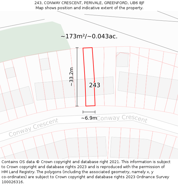 243, CONWAY CRESCENT, PERIVALE, GREENFORD, UB6 8JF: Plot and title map