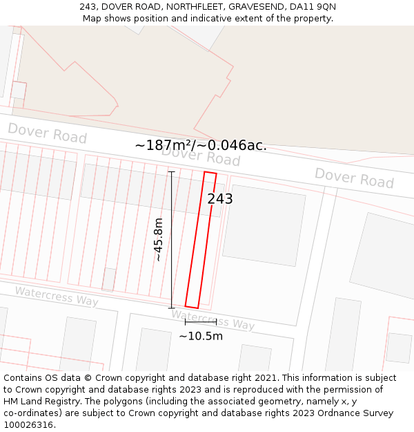 243, DOVER ROAD, NORTHFLEET, GRAVESEND, DA11 9QN: Plot and title map