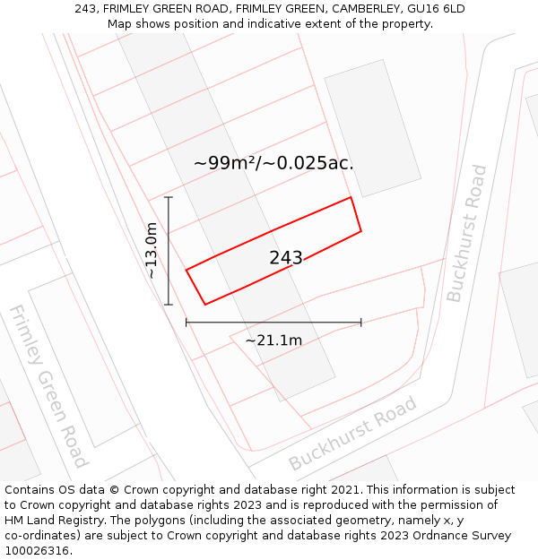 243, FRIMLEY GREEN ROAD, FRIMLEY GREEN, CAMBERLEY, GU16 6LD: Plot and title map