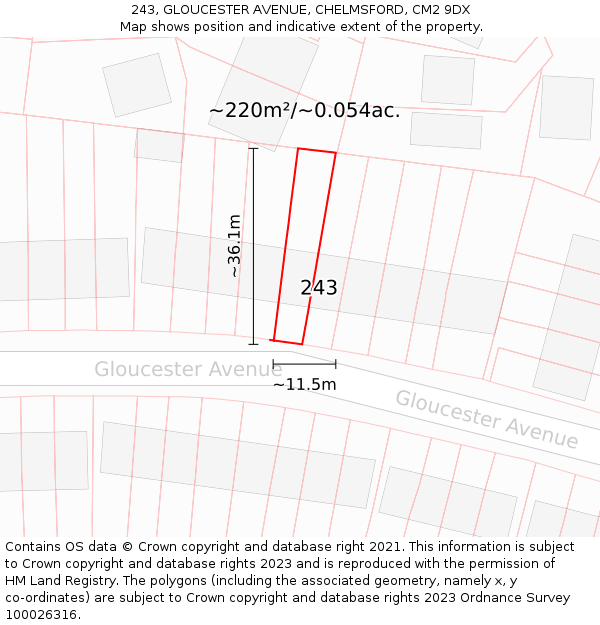 243, GLOUCESTER AVENUE, CHELMSFORD, CM2 9DX: Plot and title map