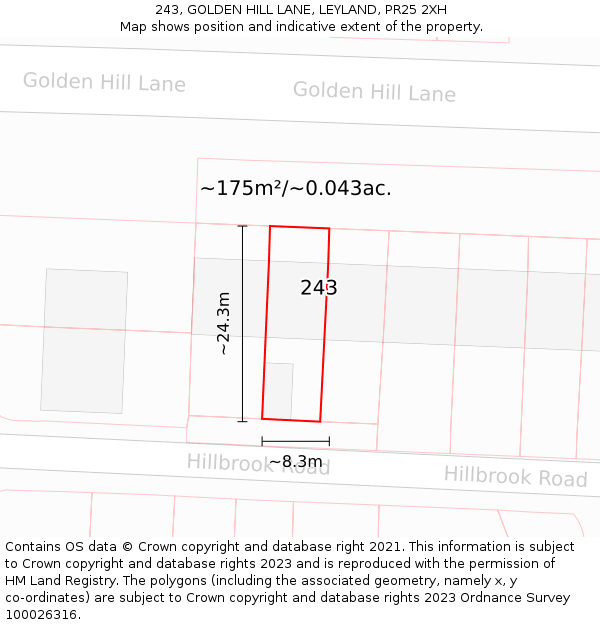 243, GOLDEN HILL LANE, LEYLAND, PR25 2XH: Plot and title map