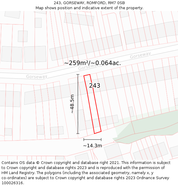 243, GORSEWAY, ROMFORD, RM7 0SB: Plot and title map