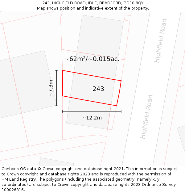 243, HIGHFIELD ROAD, IDLE, BRADFORD, BD10 8QY: Plot and title map