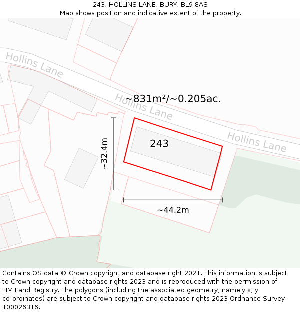 243, HOLLINS LANE, BURY, BL9 8AS: Plot and title map