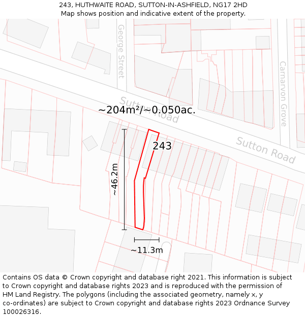 243, HUTHWAITE ROAD, SUTTON-IN-ASHFIELD, NG17 2HD: Plot and title map