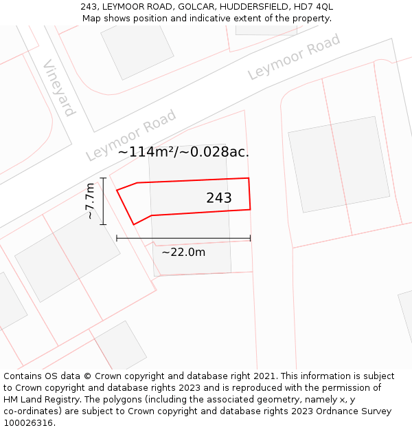 243, LEYMOOR ROAD, GOLCAR, HUDDERSFIELD, HD7 4QL: Plot and title map