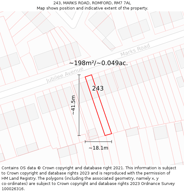 243, MARKS ROAD, ROMFORD, RM7 7AL: Plot and title map