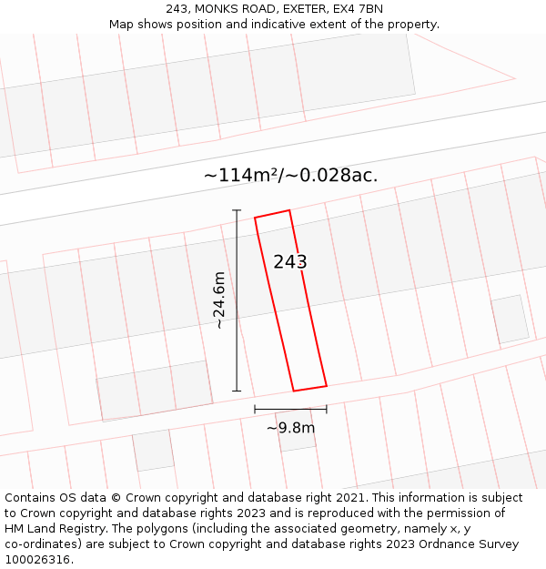 243, MONKS ROAD, EXETER, EX4 7BN: Plot and title map