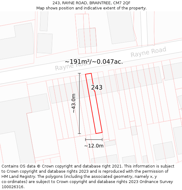 243, RAYNE ROAD, BRAINTREE, CM7 2QF: Plot and title map