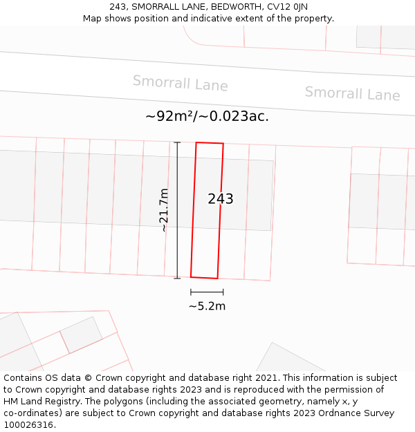 243, SMORRALL LANE, BEDWORTH, CV12 0JN: Plot and title map