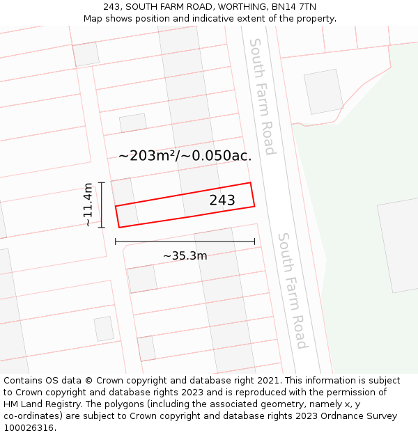 243, SOUTH FARM ROAD, WORTHING, BN14 7TN: Plot and title map