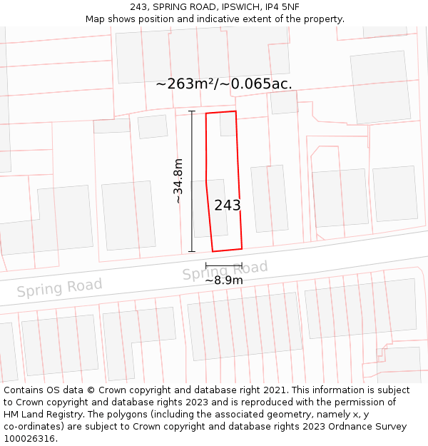 243, SPRING ROAD, IPSWICH, IP4 5NF: Plot and title map
