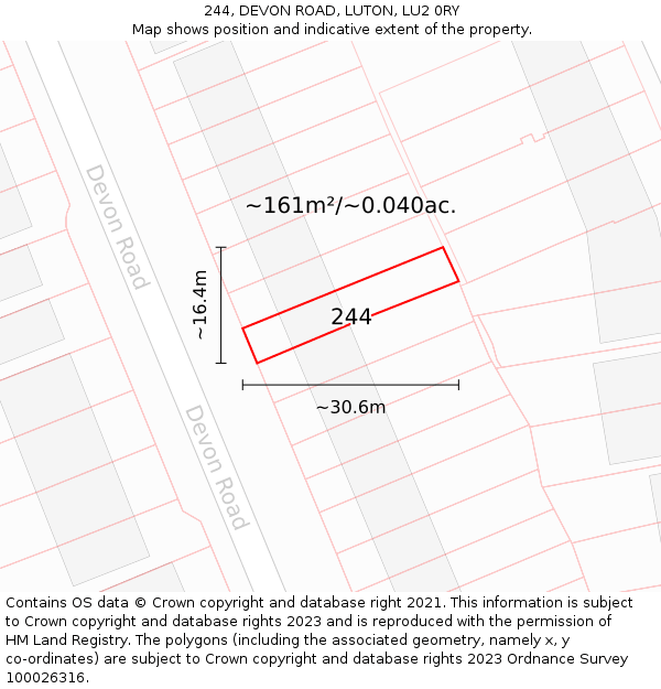 244, DEVON ROAD, LUTON, LU2 0RY: Plot and title map