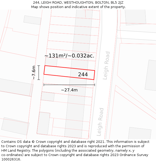 244, LEIGH ROAD, WESTHOUGHTON, BOLTON, BL5 2JZ: Plot and title map