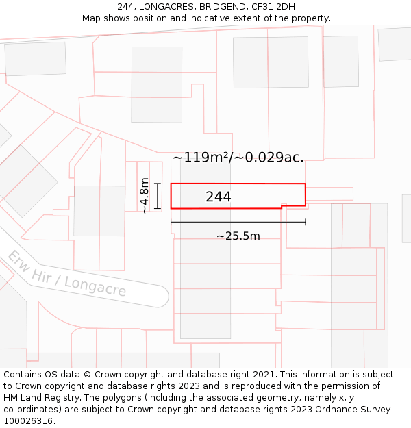 244, LONGACRES, BRIDGEND, CF31 2DH: Plot and title map