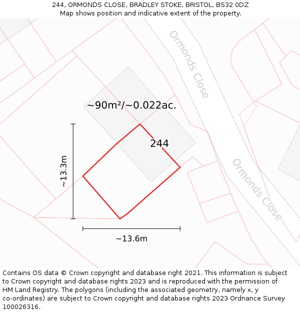 244, ORMONDS CLOSE, BRADLEY STOKE, BRISTOL, BS32 0DZ: Plot and title map