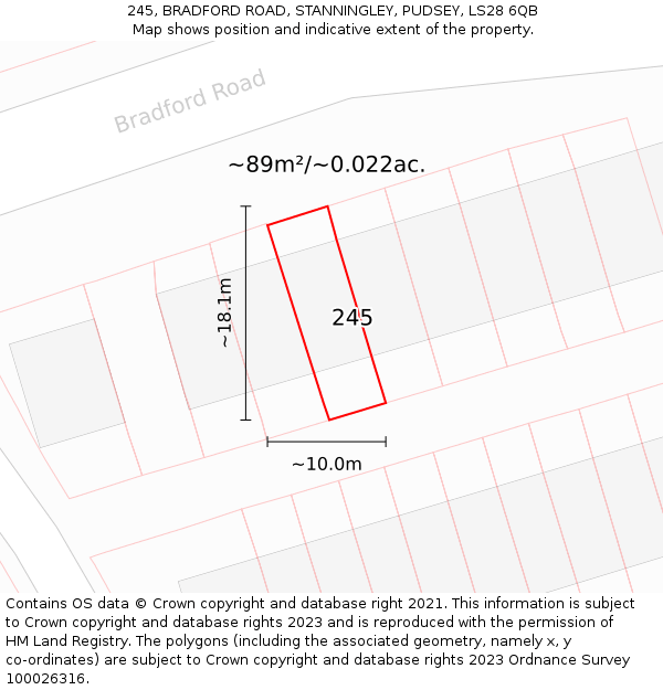 245, BRADFORD ROAD, STANNINGLEY, PUDSEY, LS28 6QB: Plot and title map