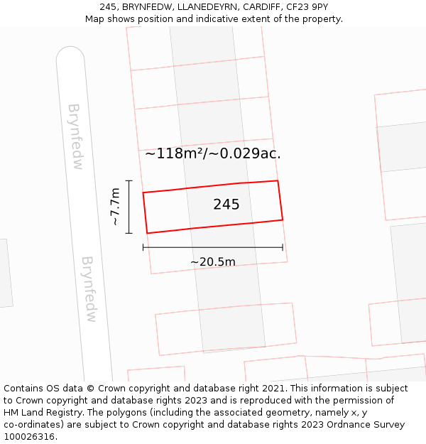 245, BRYNFEDW, LLANEDEYRN, CARDIFF, CF23 9PY: Plot and title map