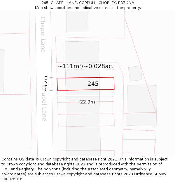245, CHAPEL LANE, COPPULL, CHORLEY, PR7 4NA: Plot and title map