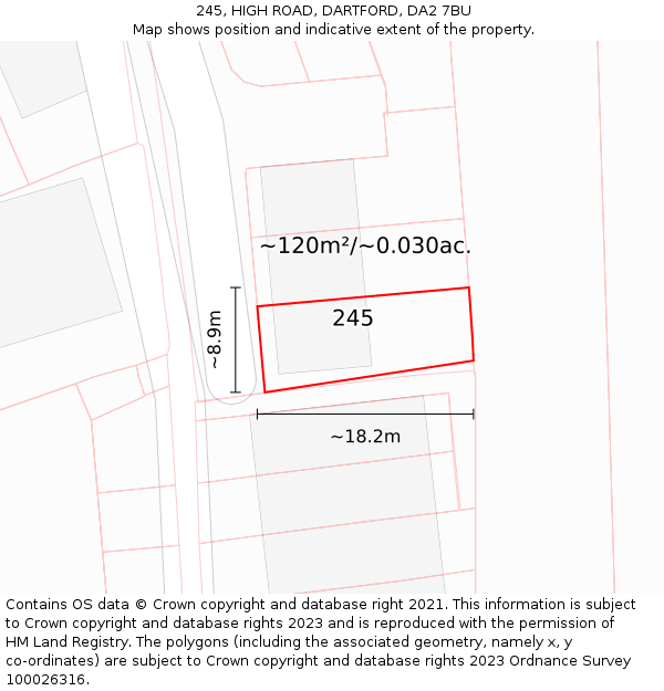 245, HIGH ROAD, DARTFORD, DA2 7BU: Plot and title map