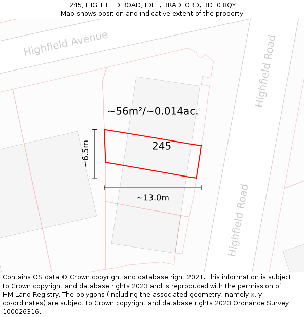 245, HIGHFIELD ROAD, IDLE, BRADFORD, BD10 8QY: Plot and title map